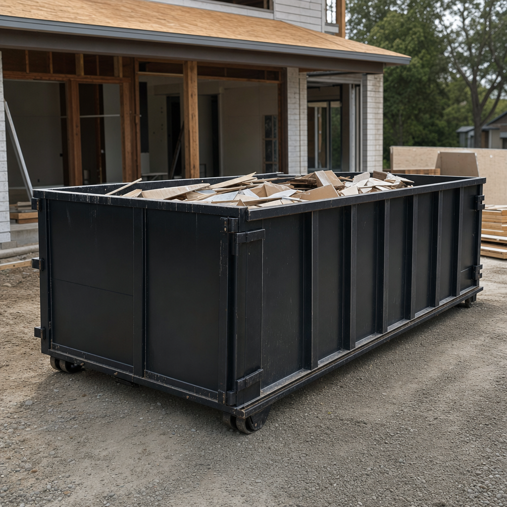 Large matte-black 30-yard construction roll-off dumpster at an active Youngstown jobsite, steel-gray top rails and bottom rollers visible, loaded with construction debris.