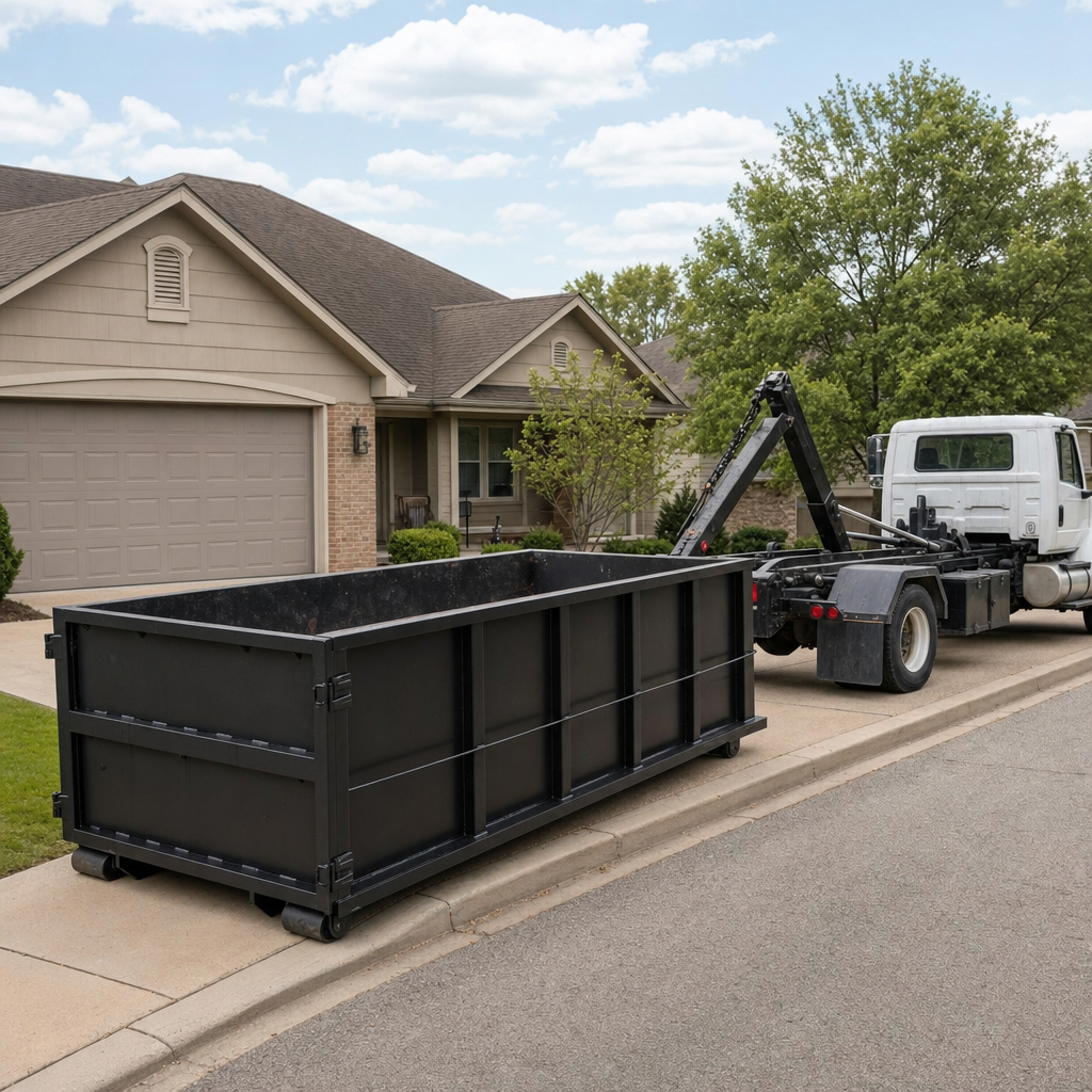 Wide documentary shot of a matte-black roll-off dumpster on a Youngstown residential driveway in the foreground and a contractor jobsite container in the soft-focus background, bright daylight, calm and orderly composition.